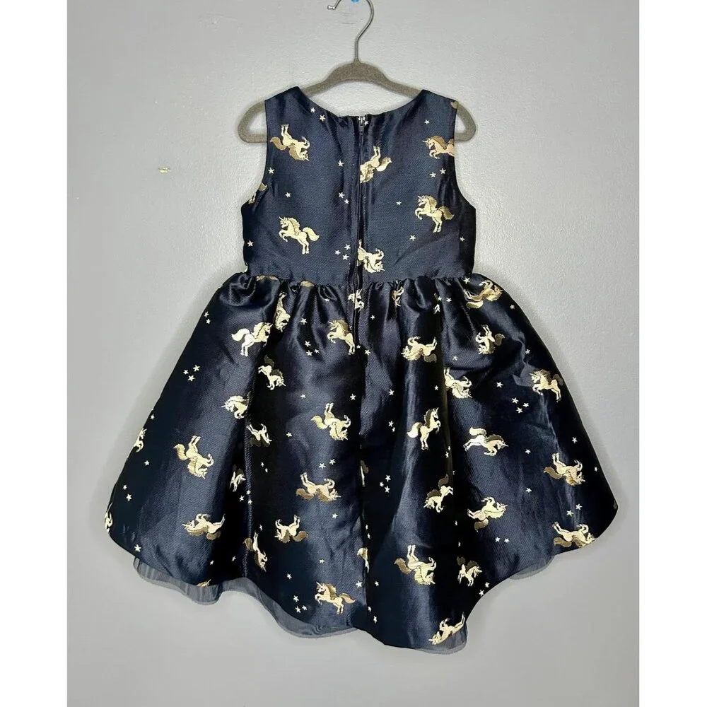 H&M Dress Girls 2-3Y Navy Blue Gold Unicorn Star Print Sleeveless Party‎ Formal